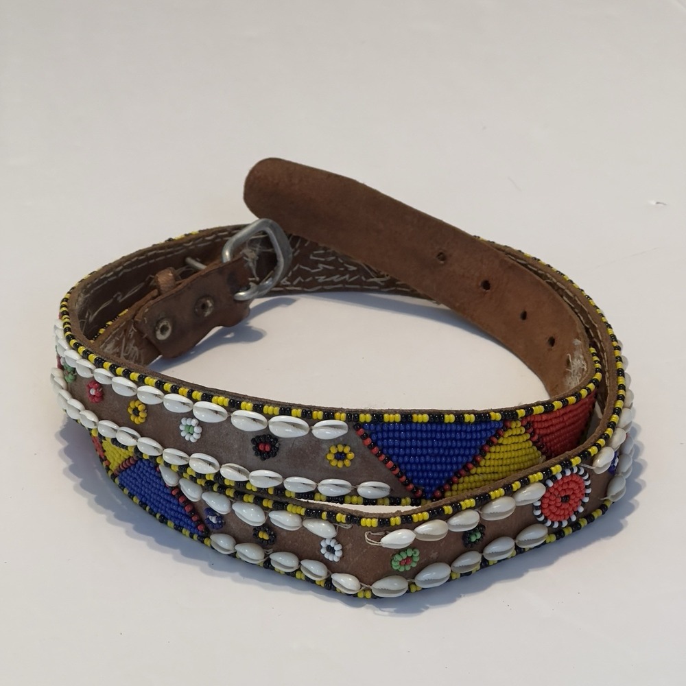 Beaded Brown Leather Statement Belt with Shell Accents